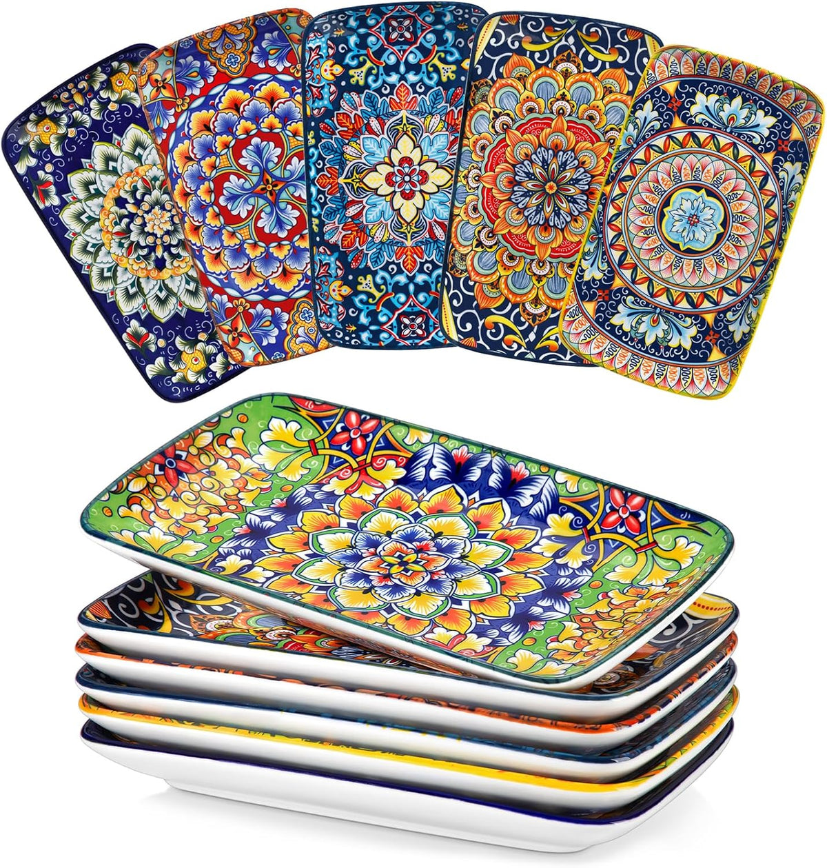 vancasso Simi 9.5 Inch Rectangular Dinner Plates Set of 6 - Bohemian Floral Design in 6 Vibrant Colors, Microwave & Dishwasher Safe Porcelain Plates for Salad, Appetizers, Entertaining