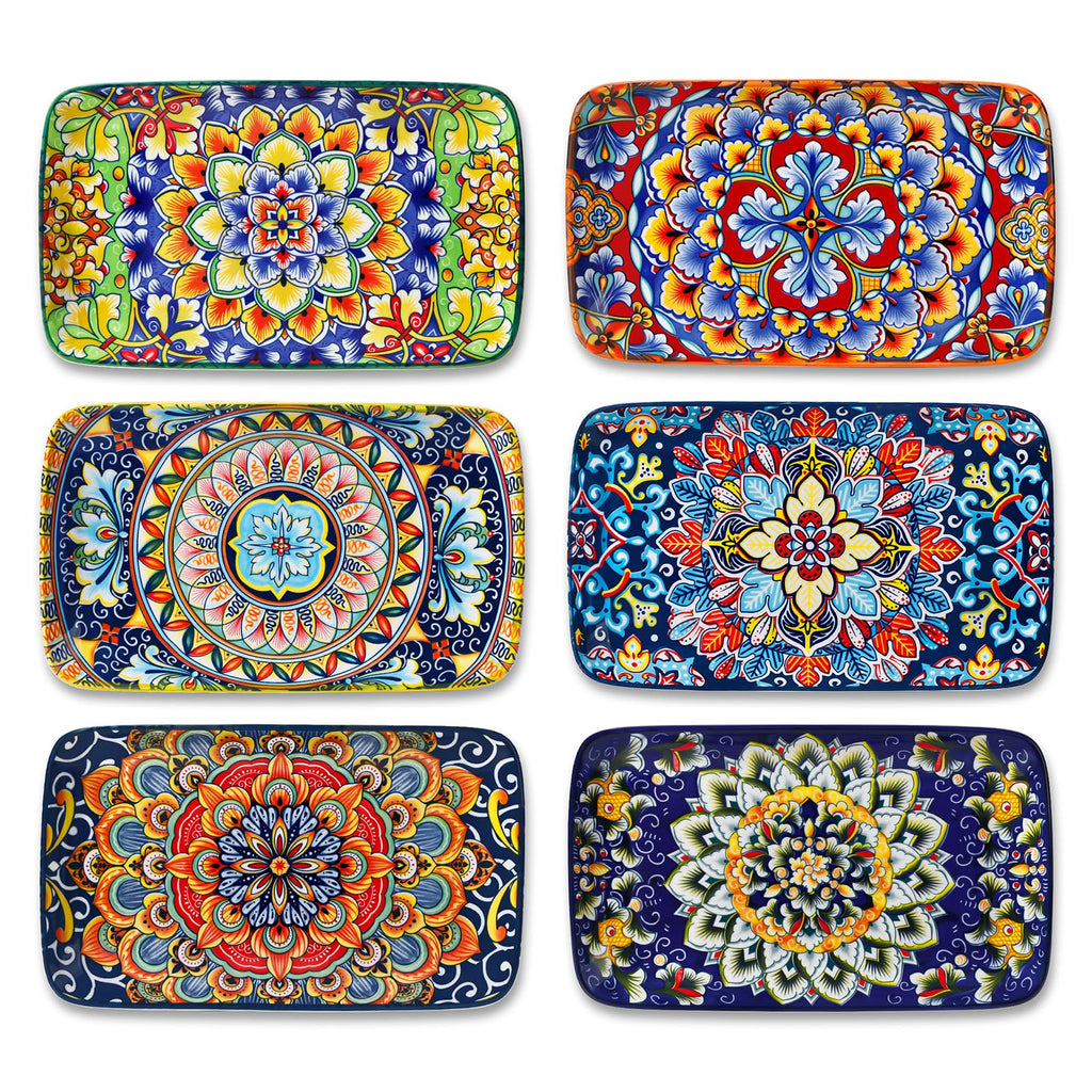 vancasso Simi 9.5 Inch Rectangular Dinner Plates Set of 6 - Bohemian Floral Design in 6 Vibrant Colors, Microwave & Dishwasher Safe Porcelain Plates for Salad, Appetizers, Entertaining