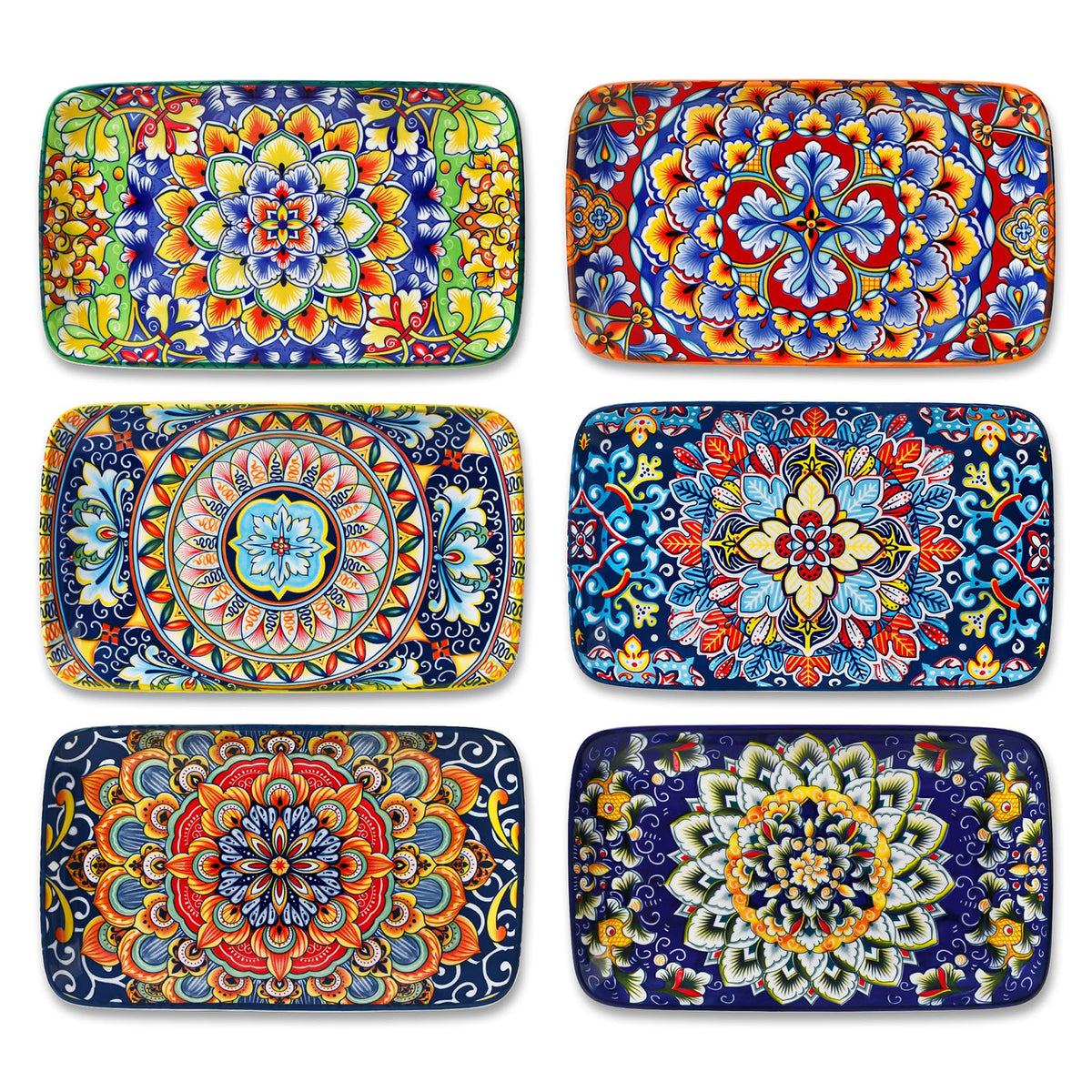 vancasso Simi 9.5 Inch Rectangular Dinner Plates Set of 6 - Bohemian Floral Design in 6 Vibrant Colors, Microwave & Dishwasher Safe Porcelain Plates for Salad, Appetizers, Entertaining