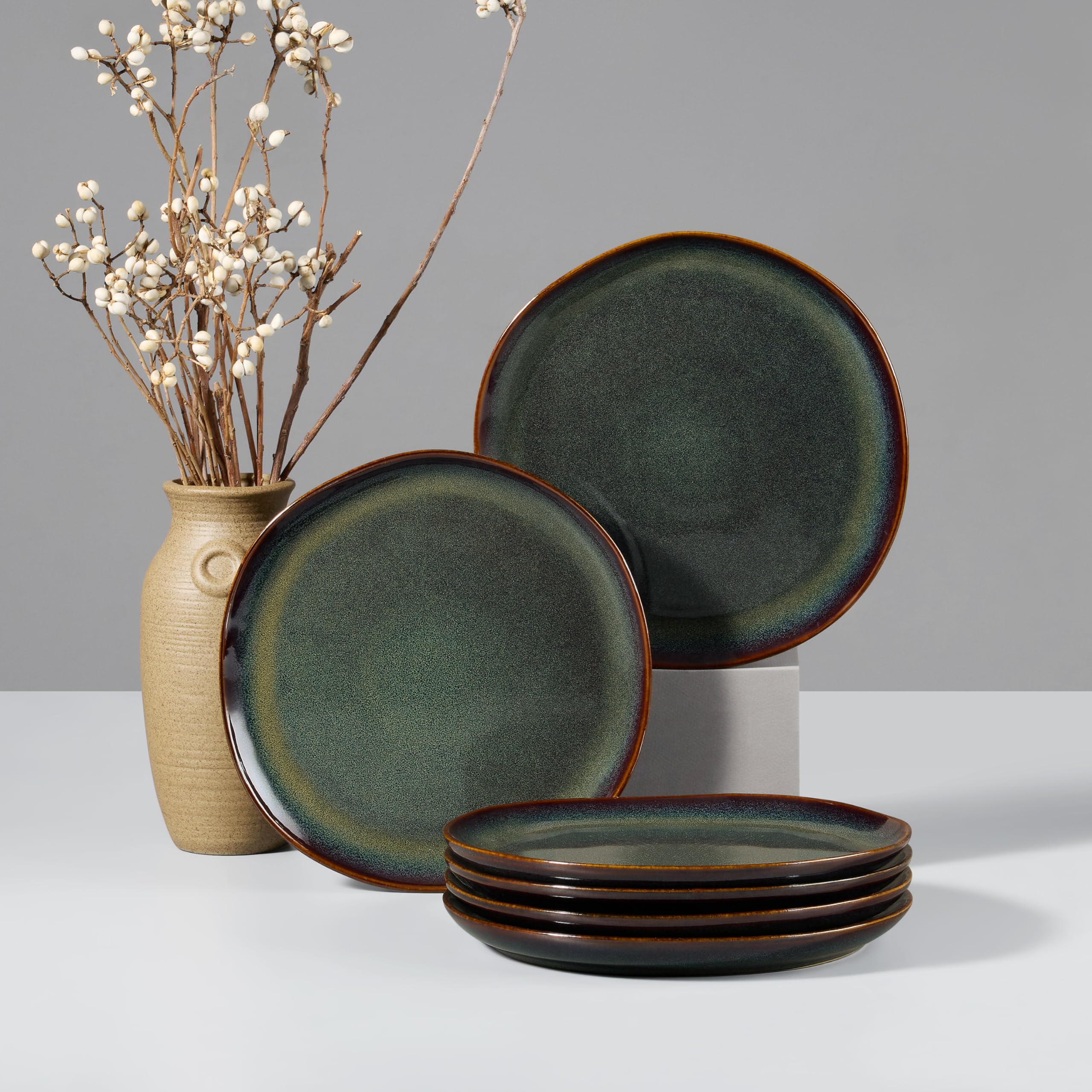 HaWare Stoneware Dinner Plates Set of 6, 10" Heavy Duty Ceramic Plates, Reactive Glaze Dinnerware for Home Restaurant, Chip and Scratch Resistant, Microwave and Dishwasher Safe, Reactive Moss Green