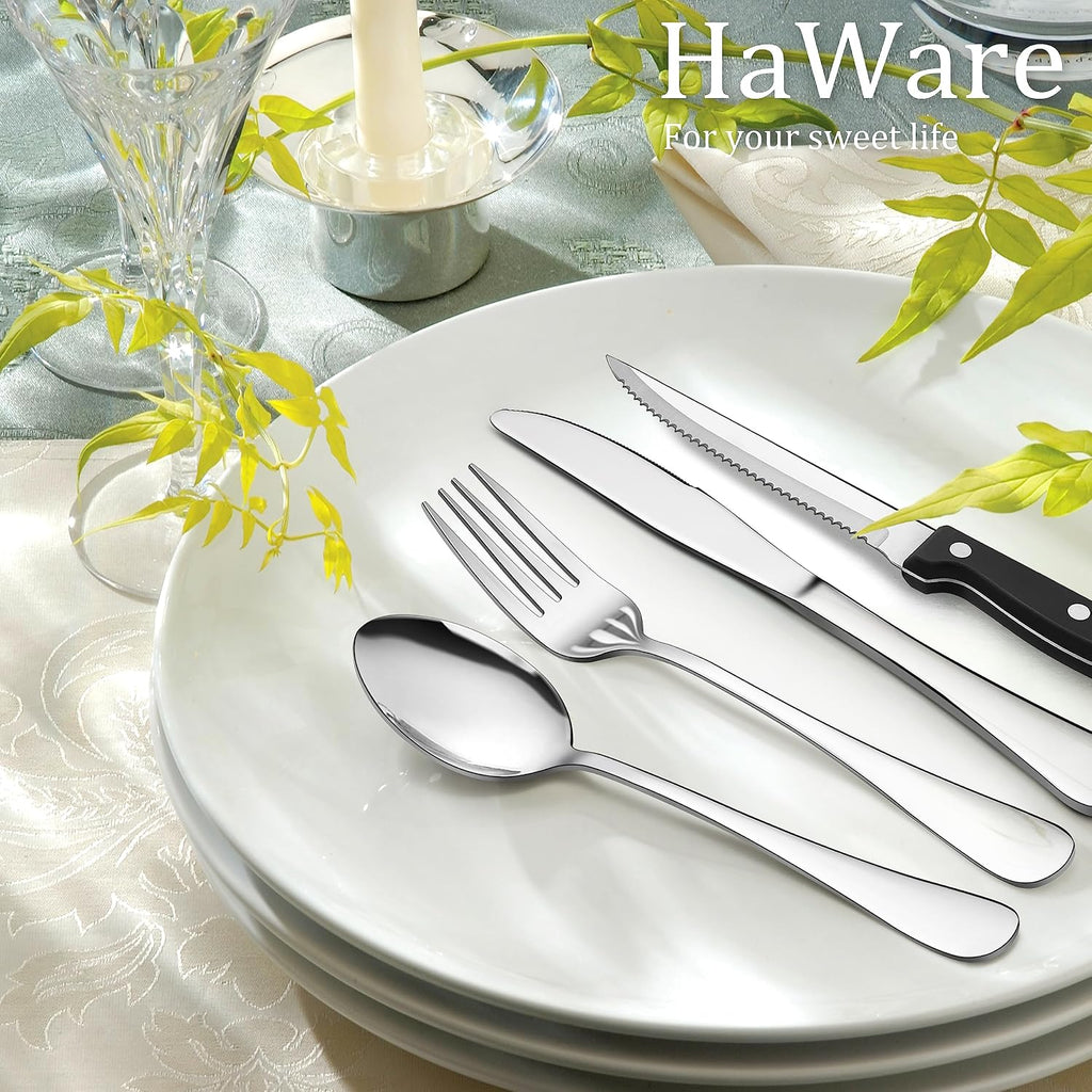 HaWare 48-Piece Silverware Set with Steak Knives, Stainless Steel Flatware | Mirror Polished Cutlery Tableware Set, Eating Utensils Include Knife Fork Spoon for Home Kitchen, Dishwasher Safe