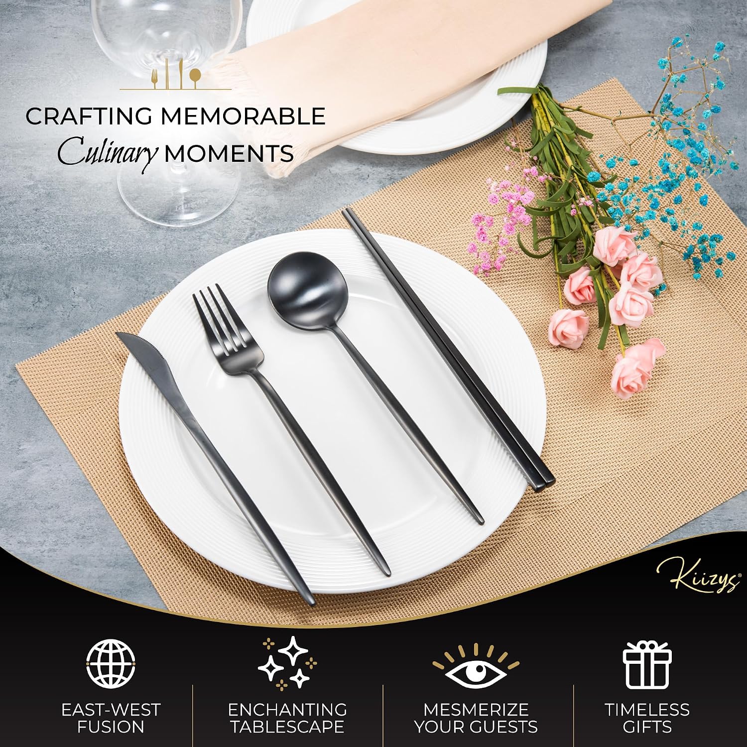 KiiZYs Matte Black Flatware Set - 14-piece Modern Silverware Set Stainless Steel Utensils - Metal Chopsticks Kitchen Cutlery Fork Spoon Knife - Dishwasher Safe House Warming Gift Box (Black, 2 Sets)