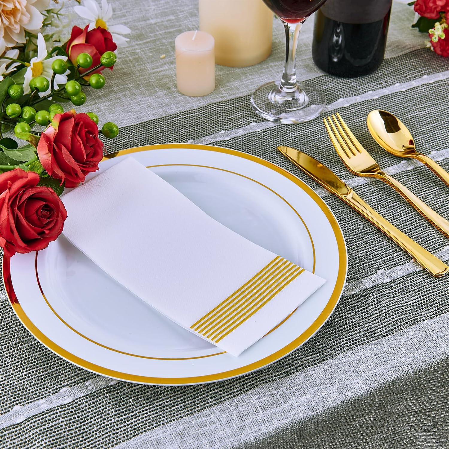 Vplus 100 Pack 10 in Gold Rimmed White Disposable Plastic Plates for Party | Heavy Duty, Elegant Durable Dinner Plates, Ideal for Office, Gathering, Wedding, Thanksgiving, Christmas, Halloween, Daily