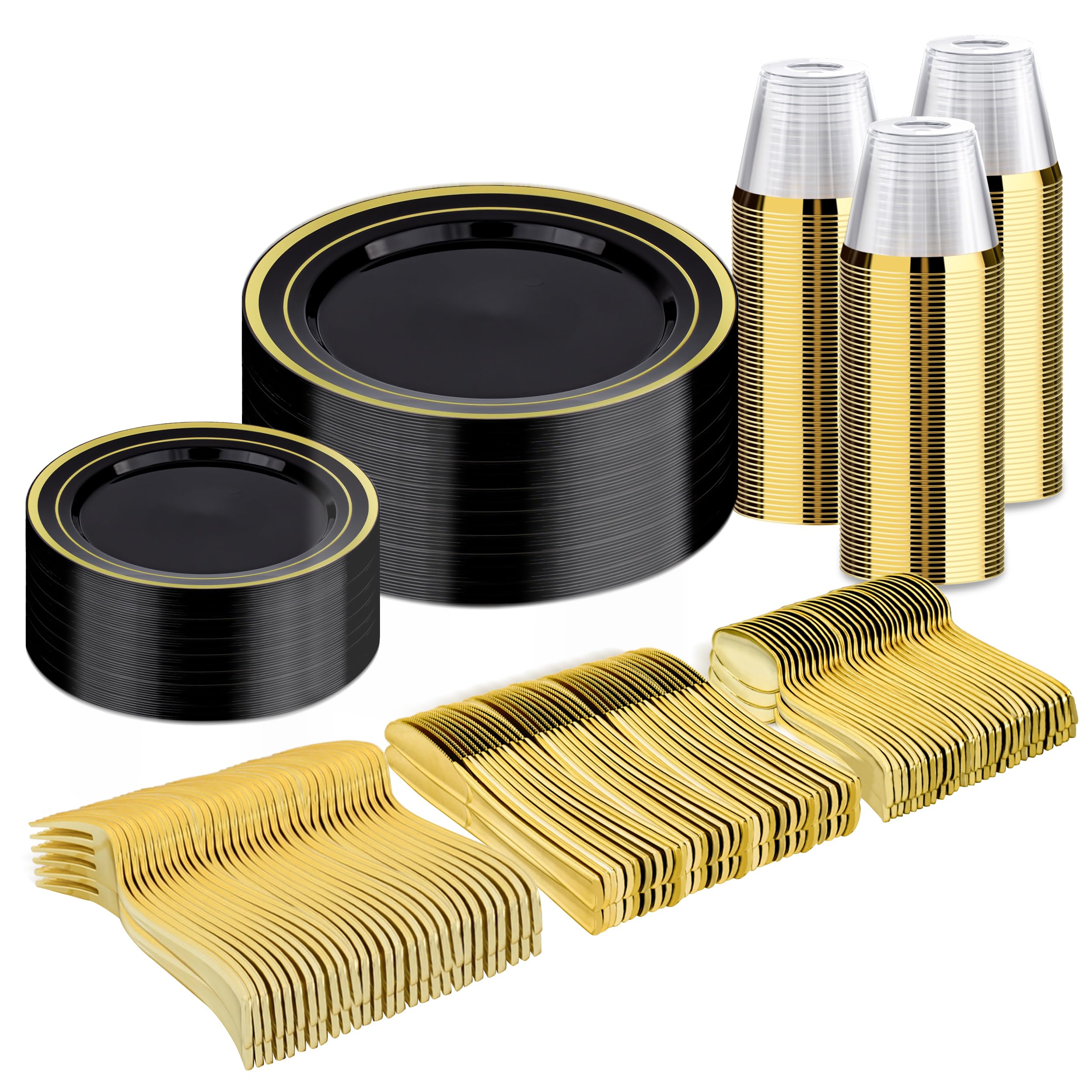 BESTVIP 600PCS Gold Dinnerware Set for 100 Guests, | for Party, 100 Gold Disposable Plates, 100 Dessert Plates, 100 Cups, 100 Spoons, 100 Forks and 100 Knives