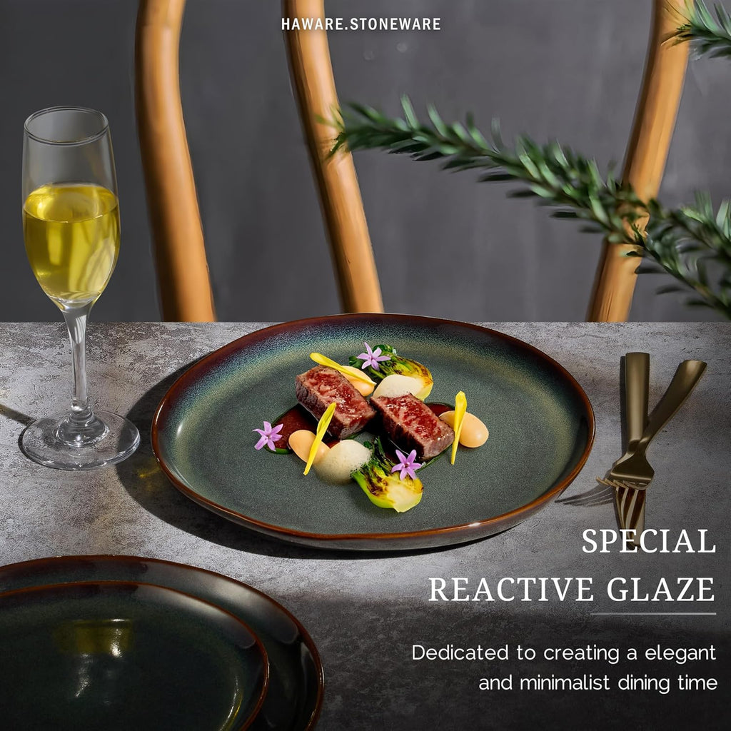 HaWare Stoneware Dinner Plates Set of 6, 10" Heavy Duty Ceramic Plates, Reactive Glaze Dinnerware for Home Restaurant, Chip and Scratch Resistant, Microwave and Dishwasher Safe, Reactive Moss Green
