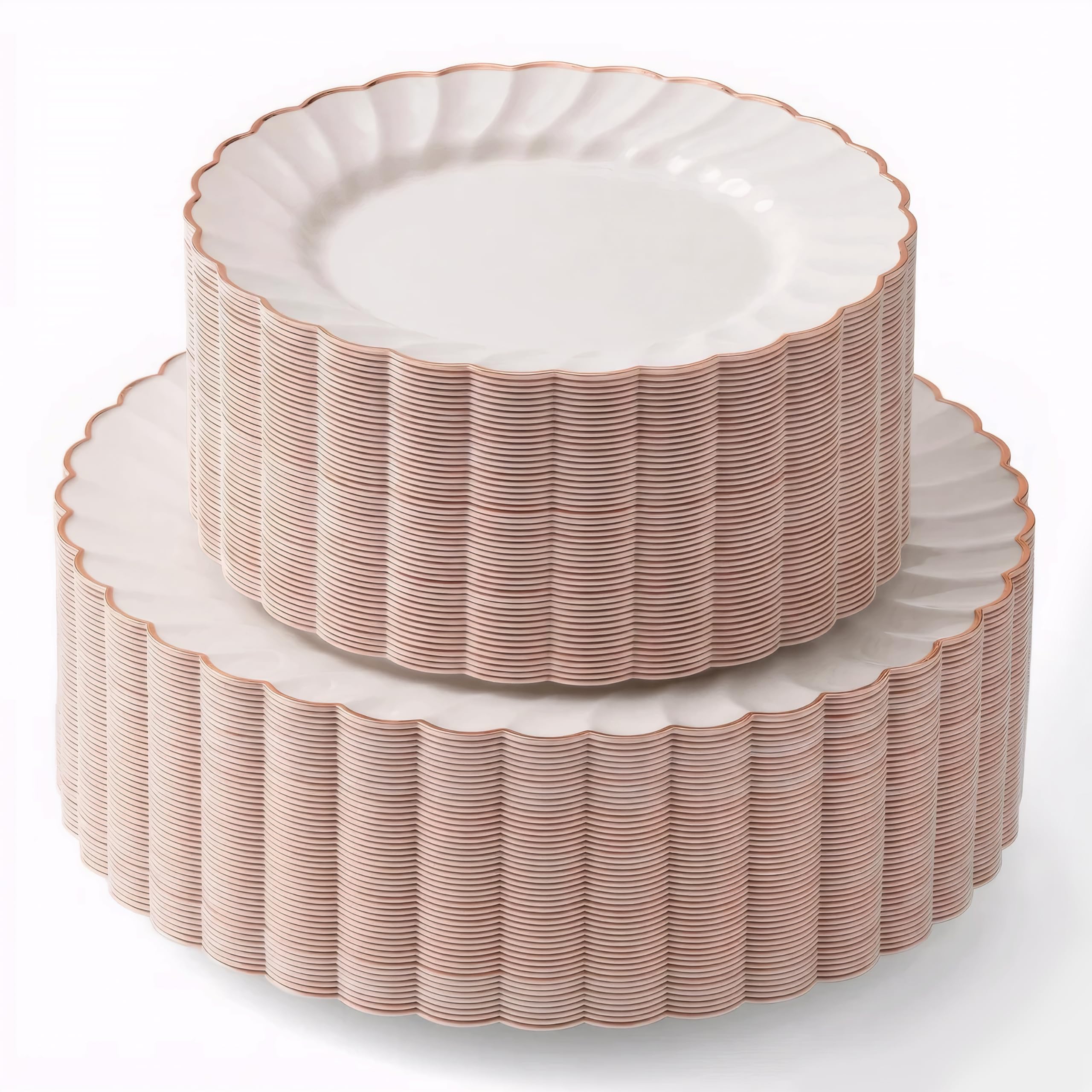 HEAVYWEIGHT Gold Scalloped Plastic Plates for Party Wedding 100 Pc | 30% Heavier, 50 Dinner & 50 Dessert Heavy Duty Disposable Plates for Bridal & Baby Shower (50 Guests)