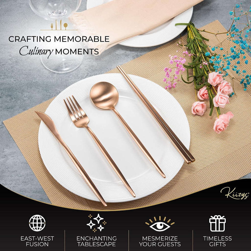Matte Copper Silverware Set Reusable Chopsticks - KiiZYs 14-piece Stainless Steel Utensils Set Kitchen Accessories - Modern Flatware Spoon Fork Knife - Cutlery Set Gift Box (Matte Copper, 2 Sets)