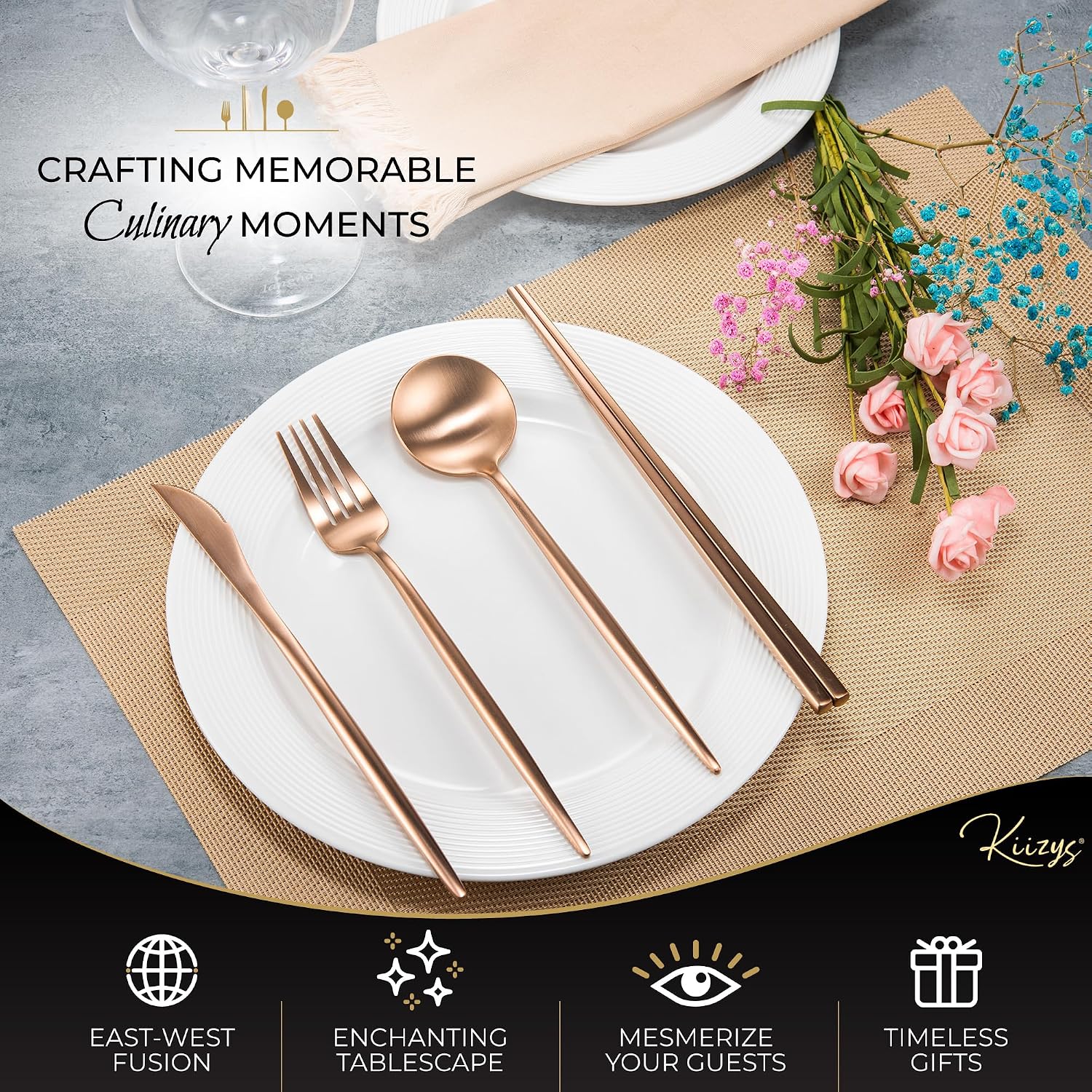 Matte Copper Silverware Set Reusable Chopsticks - KiiZYs 14-piece Stainless Steel Utensils Set Kitchen Accessories - Modern Flatware Spoon Fork Knife - Cutlery Set Gift Box (Matte Copper, 2 Sets)