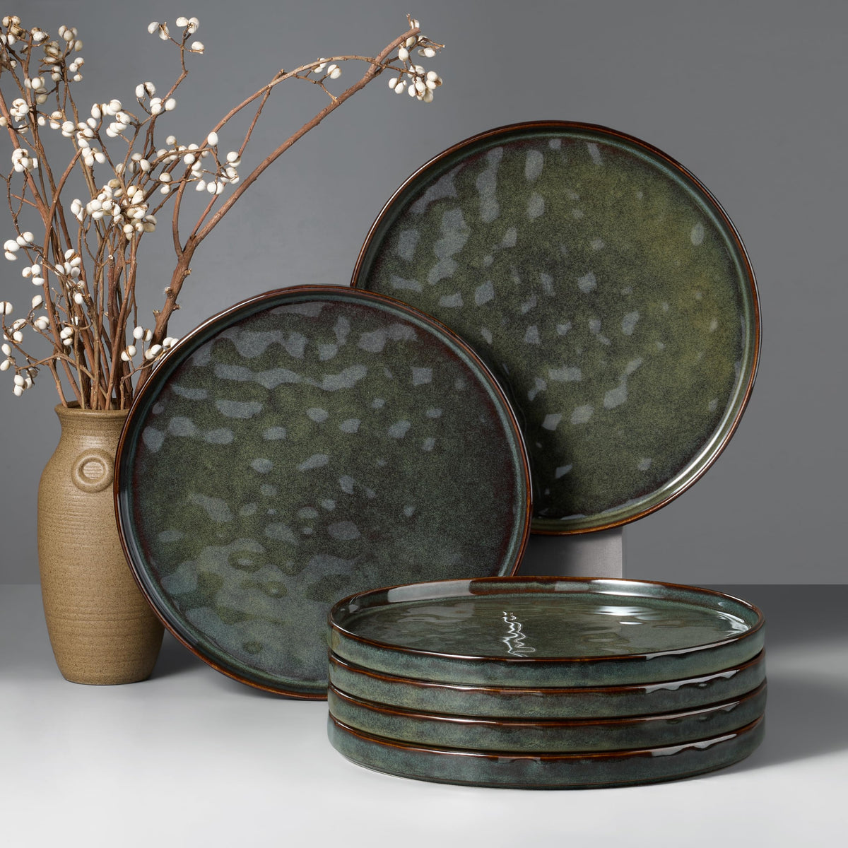 HaWare Stoneware Dinner Plates Set of 6, 10" Heavy Duty Ceramic Plates, Reactive Glaze Dinnerware for Home Restaurant, Chip and Scratch Resistant, Microwave and Dishwasher Safe, Reactive Moss Green