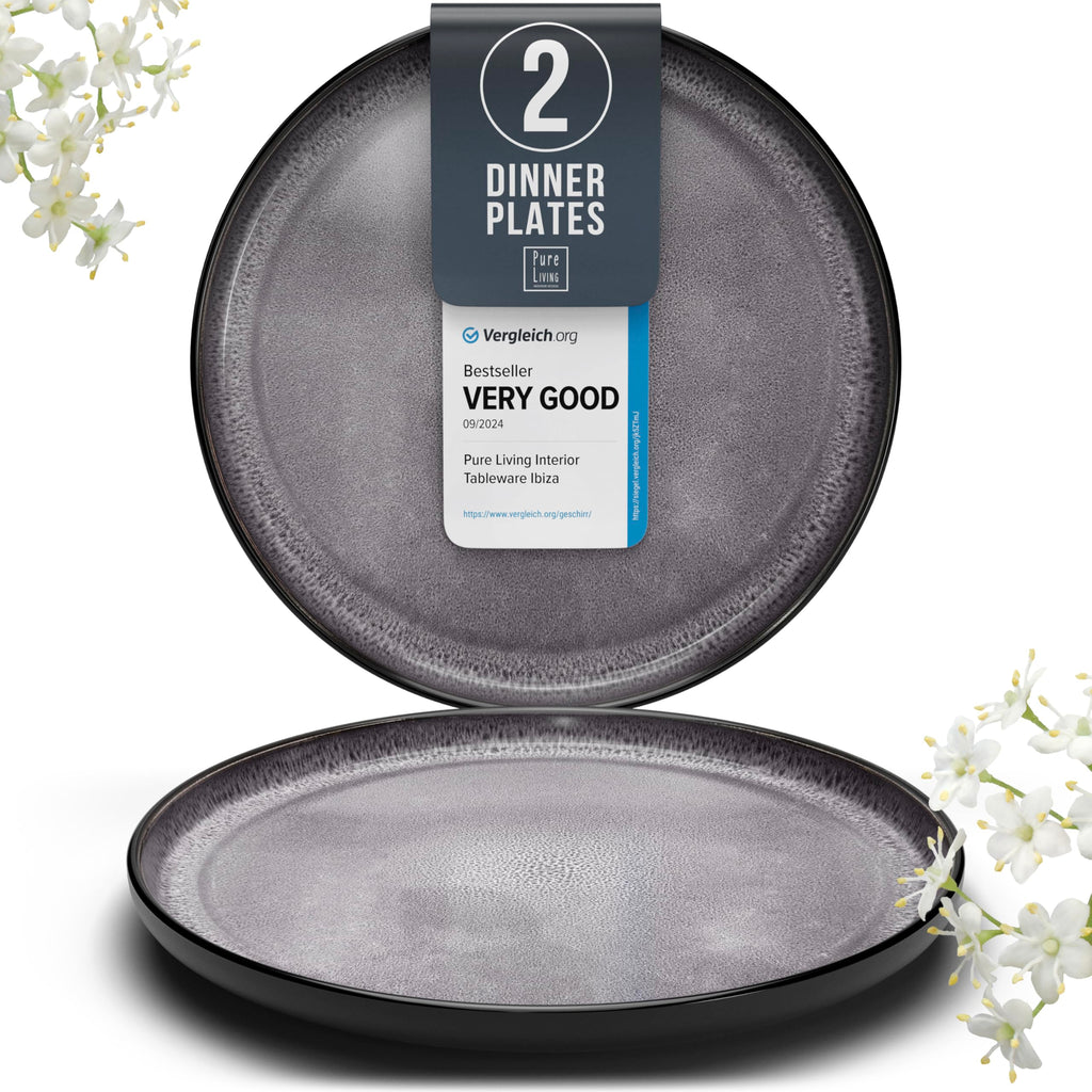 Stoneware dinner plates set 2 pcs – Light beige & blue stylish plates – Dishwasher, microwave and scratch resistant – Small salad & cake plates – Dinner service Pure Living