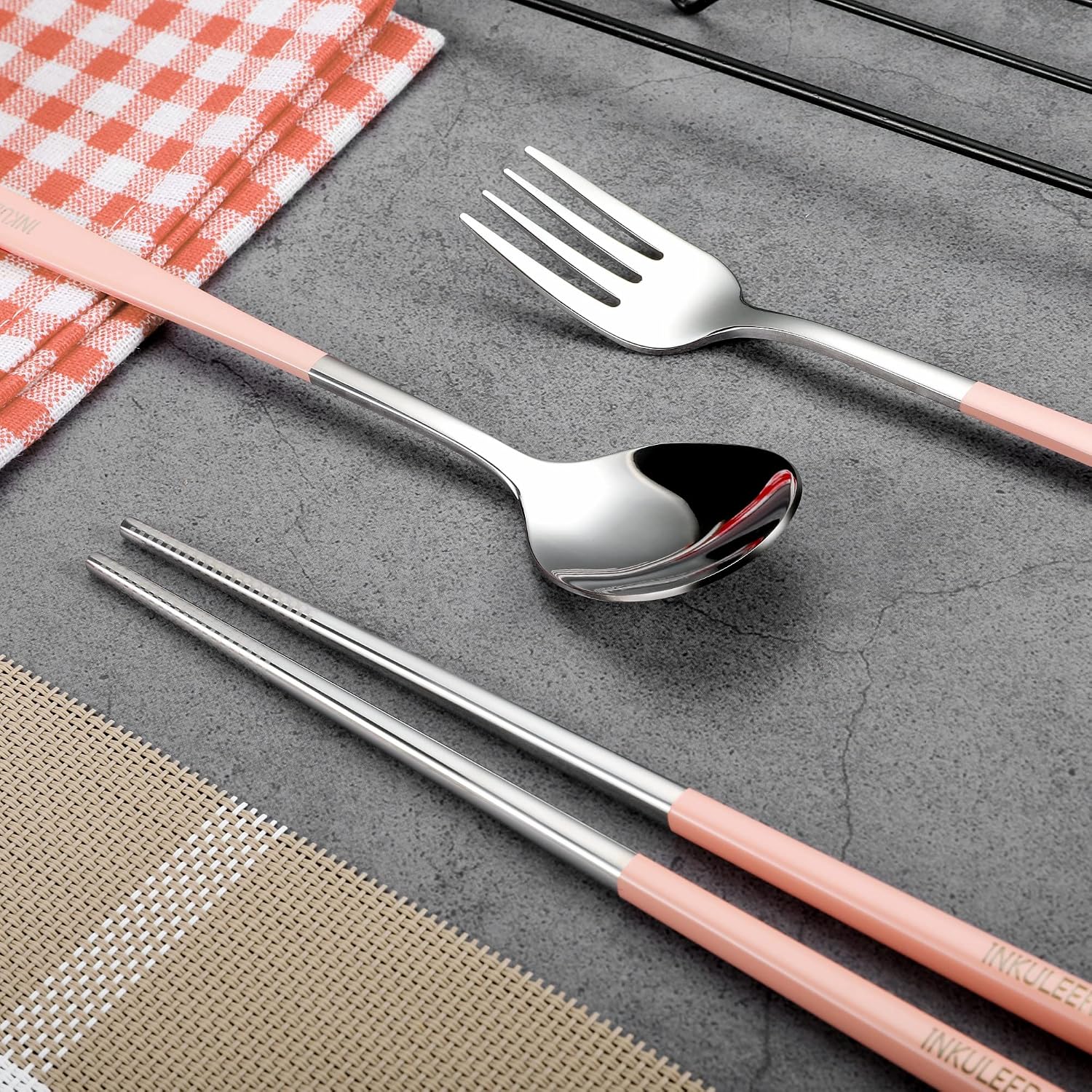 iNKULEER Travel cutlery set, 18/8 stainless steel cutlery, Reusable utensils set with case, Portable Silverware Lunch Box for Camping and Office (Pink)