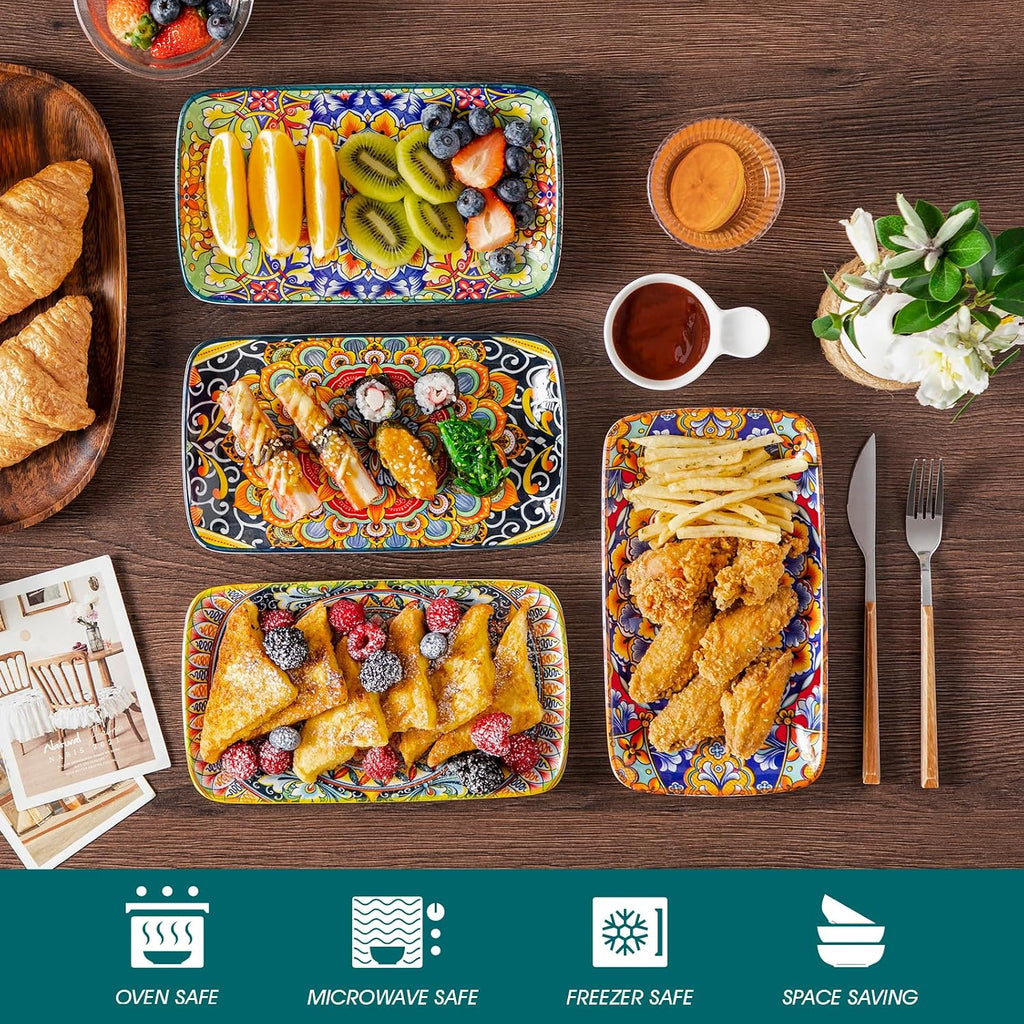 vancasso Simi 9.5 Inch Rectangular Dinner Plates Set of 6 - Bohemian Floral Design in 6 Vibrant Colors, Microwave & Dishwasher Safe Porcelain Plates for Salad, Appetizers, Entertaining