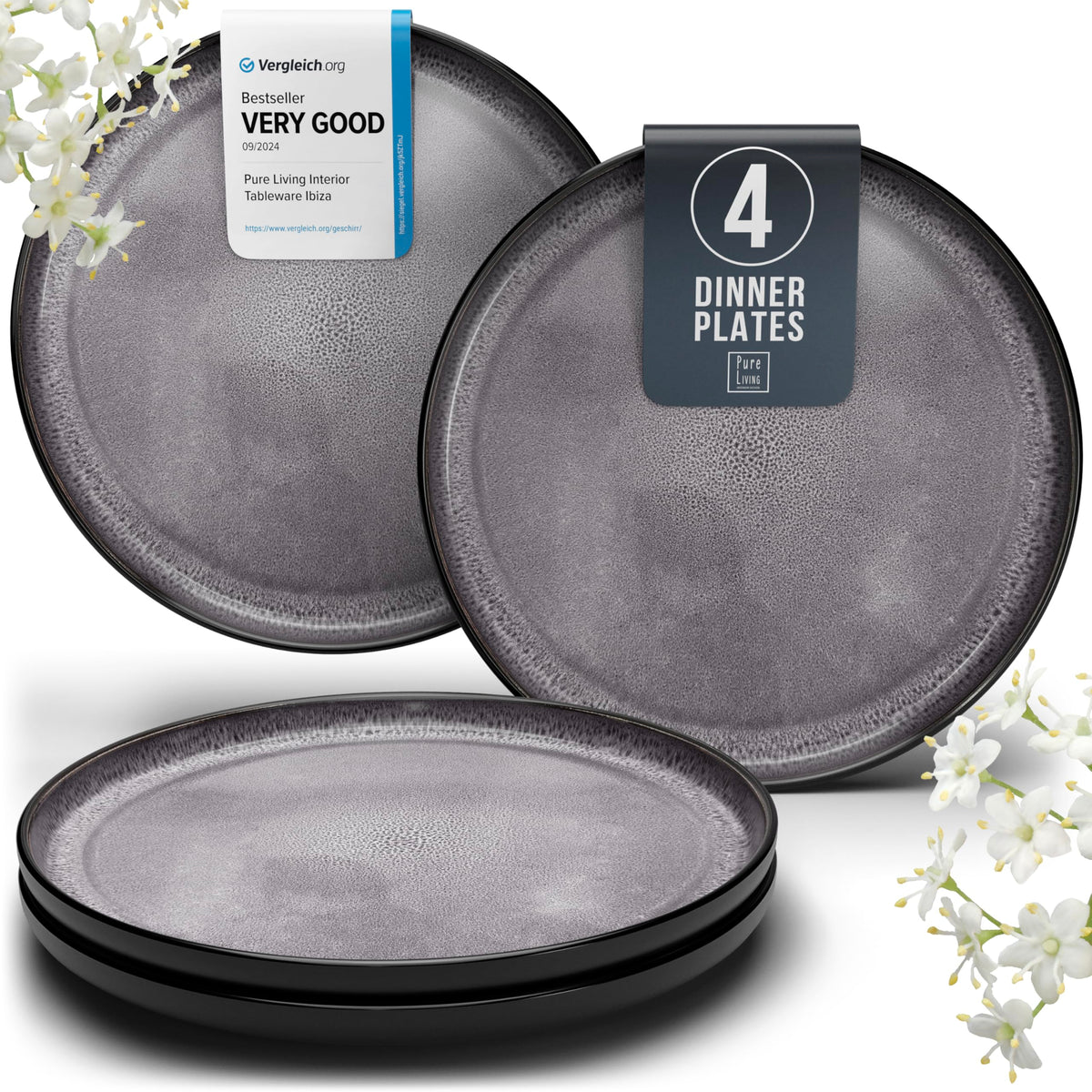 Stoneware dinner plates set 2 pcs – Light beige & blue stylish plates – Dishwasher, microwave and scratch resistant – Small salad & cake plates – Dinner service Pure Living