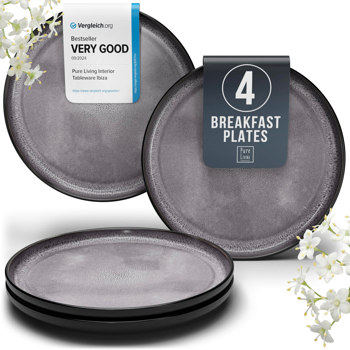 Stoneware dinner plates set 2 pcs – Light beige & blue stylish plates – Dishwasher, microwave and scratch resistant – Small salad & cake plates – Dinner service Pure Living
