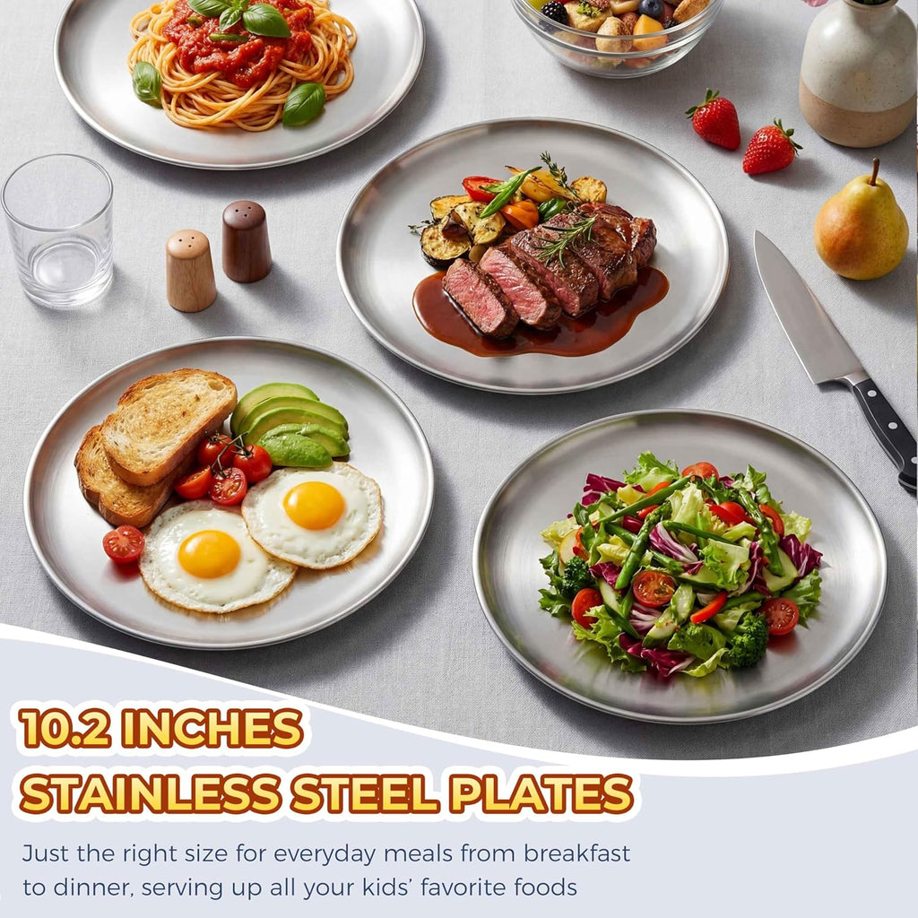 Homikit 6 Pack Stainless Steel Plate Set, 10.2 Inch Metal Dinner Plates for Kids Children Adult, Round Camping Plates for Serving Dishes Dessert Salad, Reusable & Unbreakable, Dishwasher Safe