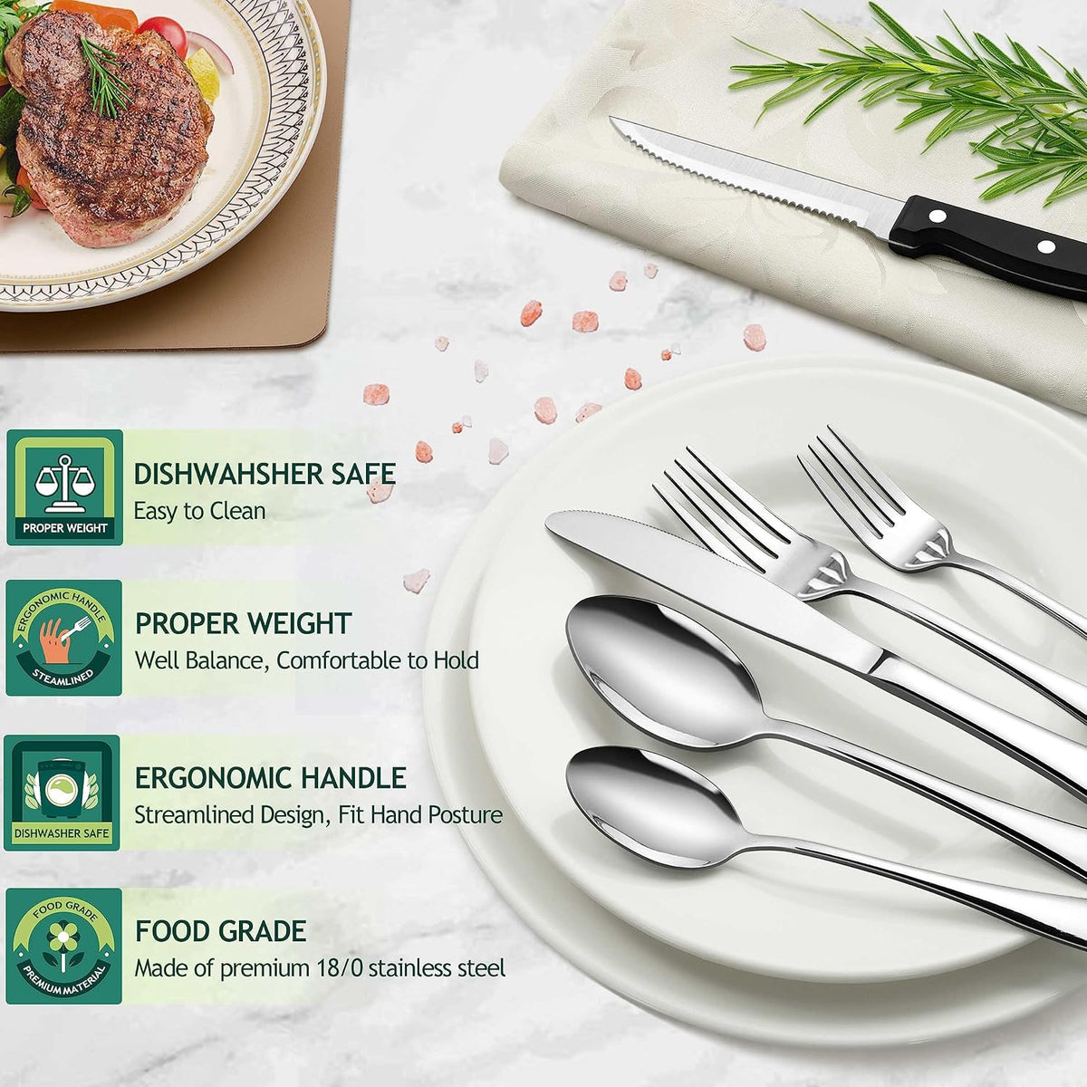 HaWare 48-Piece Silverware Set with Steak Knives, Stainless Steel Flatware | Mirror Polished Cutlery Tableware Set, Eating Utensils Include Knife Fork Spoon for Home Kitchen, Dishwasher Safe