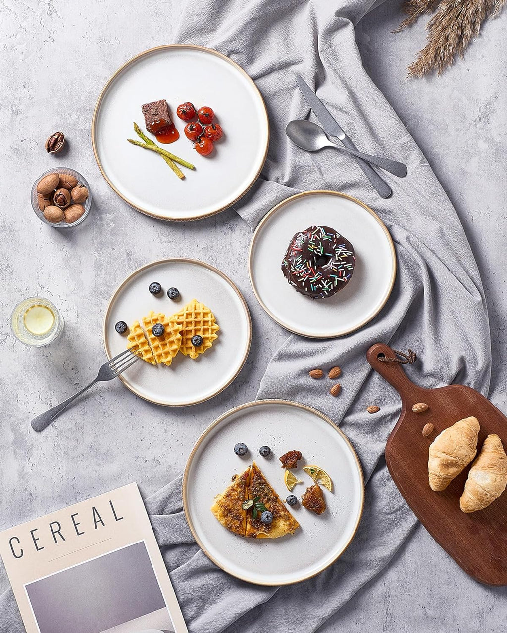 famiware Star 10/8 inches Dinner Plates Set for 6, Cappuccino White | Fine Stoneware Kitchen Plates for Salad, Dessert, Double Reactive Glaze, Microwave Dishwasher Safe, Lead-free, Cadmium-free