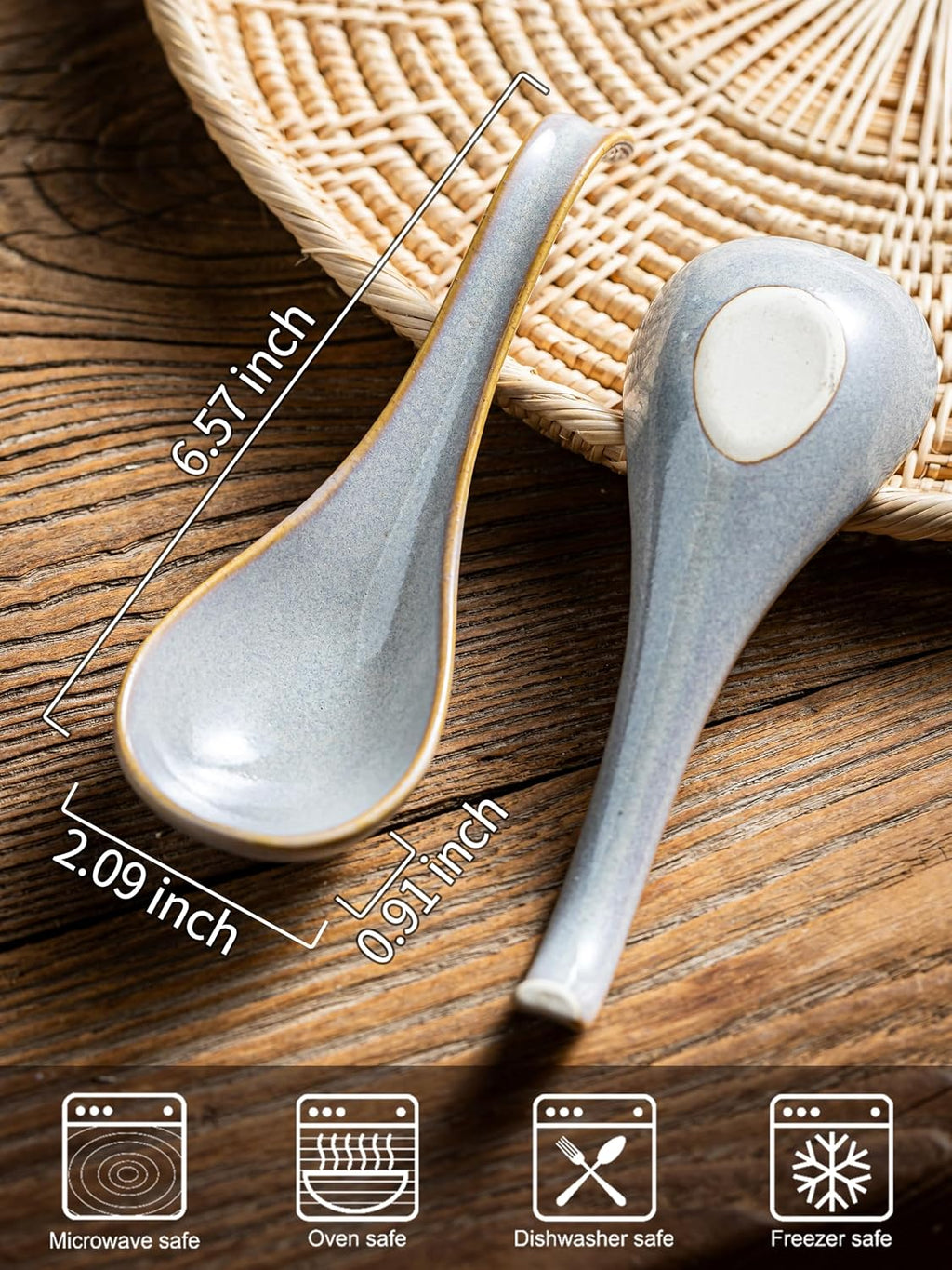 Gomakren Ceramic Chinese Soup Spoon Set of 6, Ramen Spoons 6.5in, Gray | Deep Oval Design, Ergonomic Curved Handle, Stackable Storage, Asian Japanese Style, for Daily Dining Cereal Pho Dumpling Miso