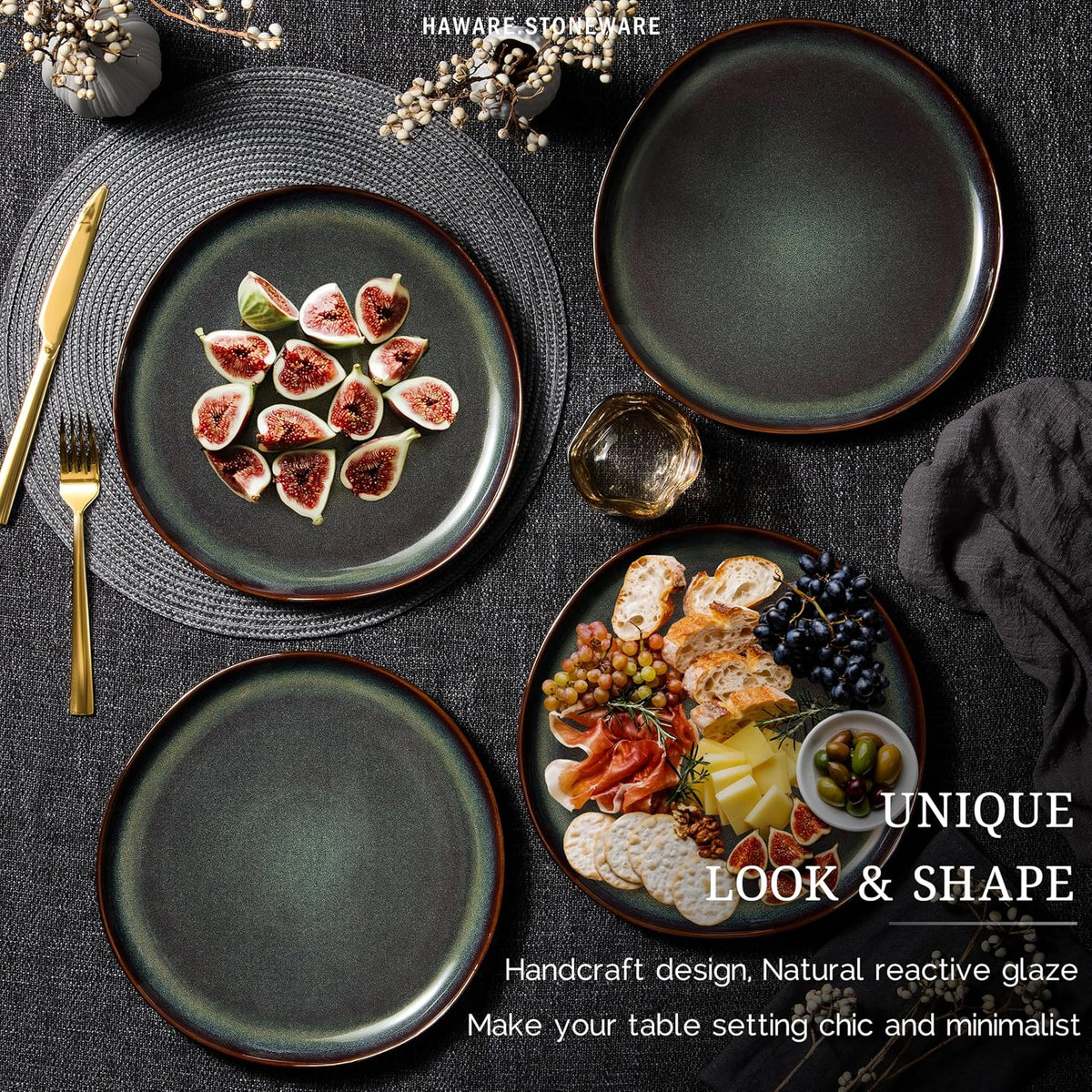 HaWare Stoneware Dinner Plates Set of 6, 10" Heavy Duty Ceramic Plates, Reactive Glaze Dinnerware for Home Restaurant, Chip and Scratch Resistant, Microwave and Dishwasher Safe, Reactive Moss Green